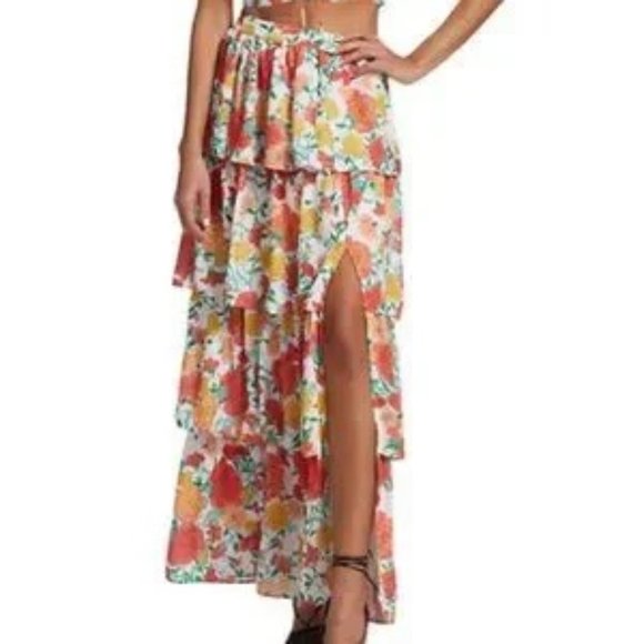 Wayf Floral Tiered Maxi Skirt Red Orange Romantic Feminine Size S - Picture 4 of 15